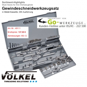 VLKEL Gewindeschneidwerkzeugsatz, M3-M12, Metallkassette, 49111